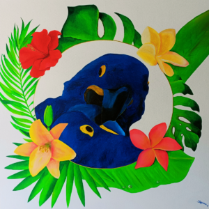 Aras hyacinthes – Stemma Artkin – Stéphanie R Peinture Aras Hyacinthes - Tableau tropical 80x80 cm - Artiste Stemm'ArtKin par Stéphanie R