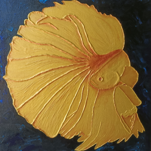 Le combattant en or – 2 – Stemma Artkin – Stéphanie R Tableau d’art Le Combattant en Or - peinture dorée en relief sur fond bleu - artiste Stemm'artkin par Stéphanie R