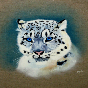Léopard des neiges – Stemma Artkin – Stéphanie R Peinture Léopard de Neige - Portrait félin à l’huile sur lin